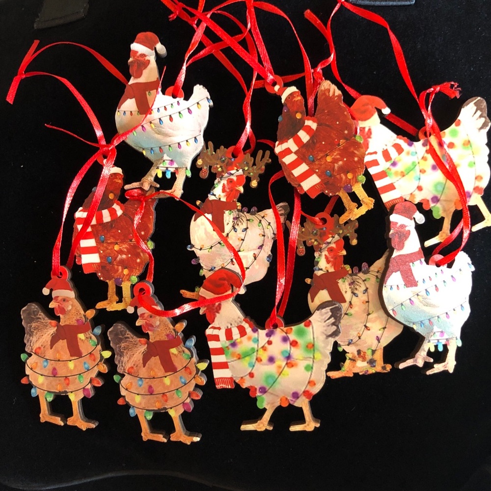 Festive Vintage Wooden Chicken Ornaments with Red Accents